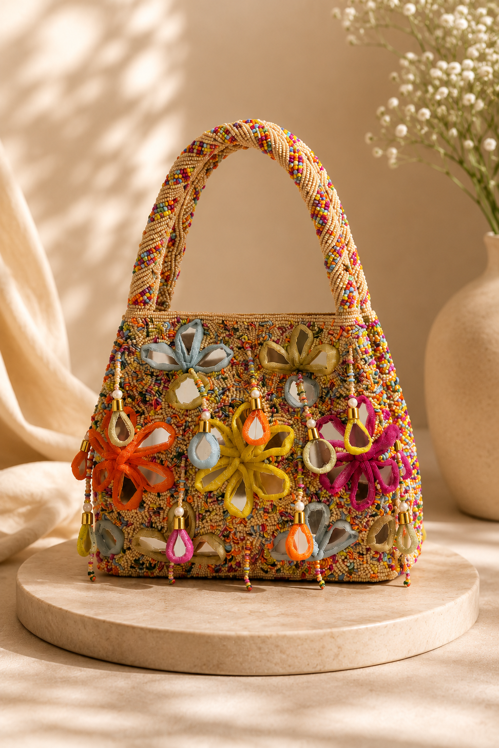 FLORAL BEADED HANDLE BAG