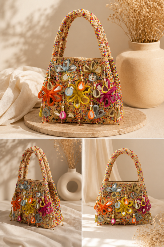 FLORAL BEADED HANDLE BAG